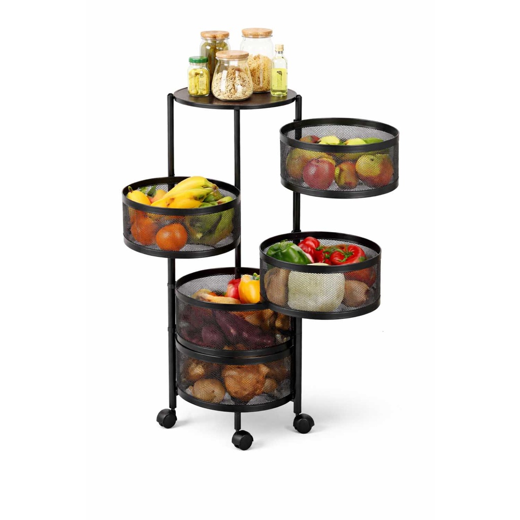 360 HOME 5-TIER IRON ROTATING ROUND MESH BASKET KITCHEN STORAGE RACK WITH WHEELS 87.5*31*31 BLACK