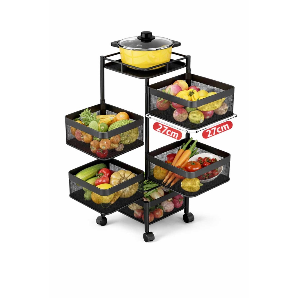 360 HOME 5-TIER IRON ROTATING SQUARE MESH BASKET KITCHEN STORAGE RACK WITH WHEELS 92*29*29 BLACK