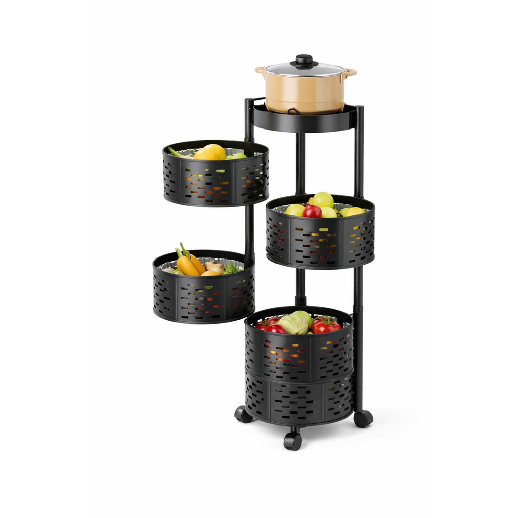 360 HOME 5-TIER IRON ROTATING ROUND FRAME KITCHEN STORAGE RACK WITH WHEELS 86*32*32 BLACK