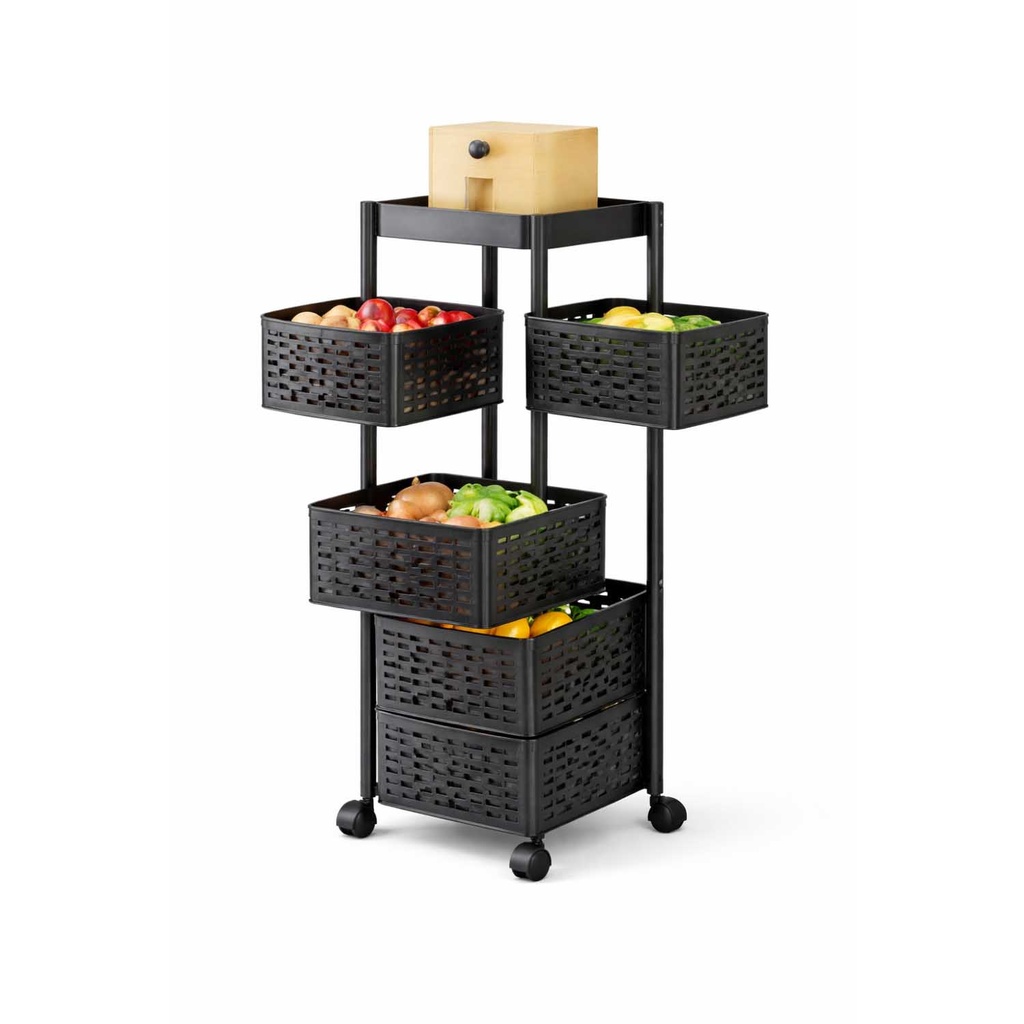 360 HOME 5-TIER IRON ROTATING SQUARE FRAME KITCHEN STORAGE RACK WITH WHEELS 86*32*32 BLACK