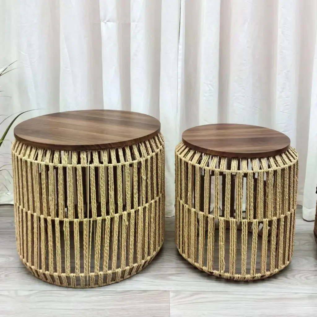 360 HOME TABLE METAL WITH ROPE  55*55*46 42*42*42 WOOD TOP SET OF 2 PCS NATURAL