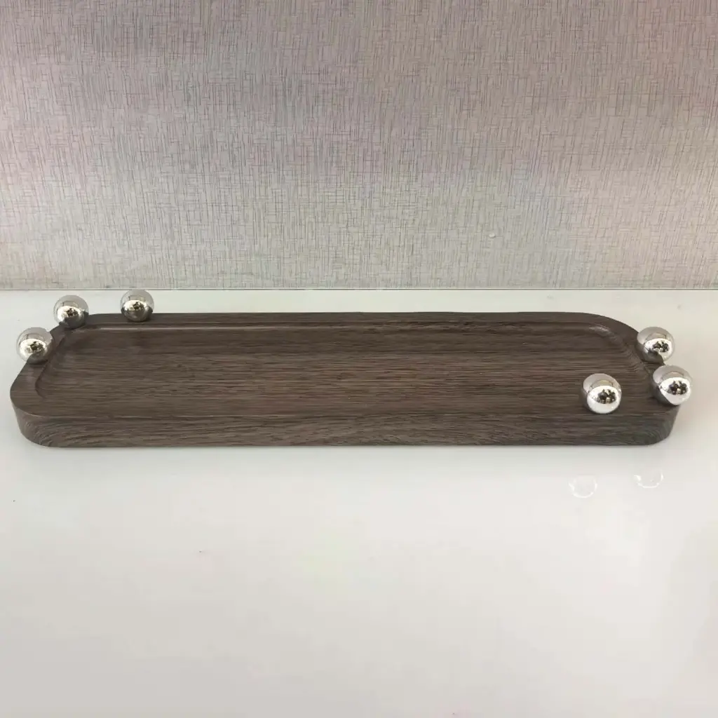 360 HOME TRAY WOOD 35*10*2 SILVER BALLS HANDS RECTANGLE