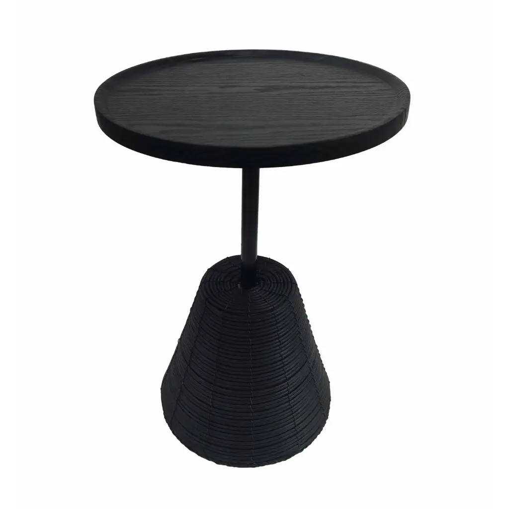 360 HOME TABLE INDOOR 40*40*56 RATAN & WOOD ROUND TOP WICKER BASE BLACK PYRAMID