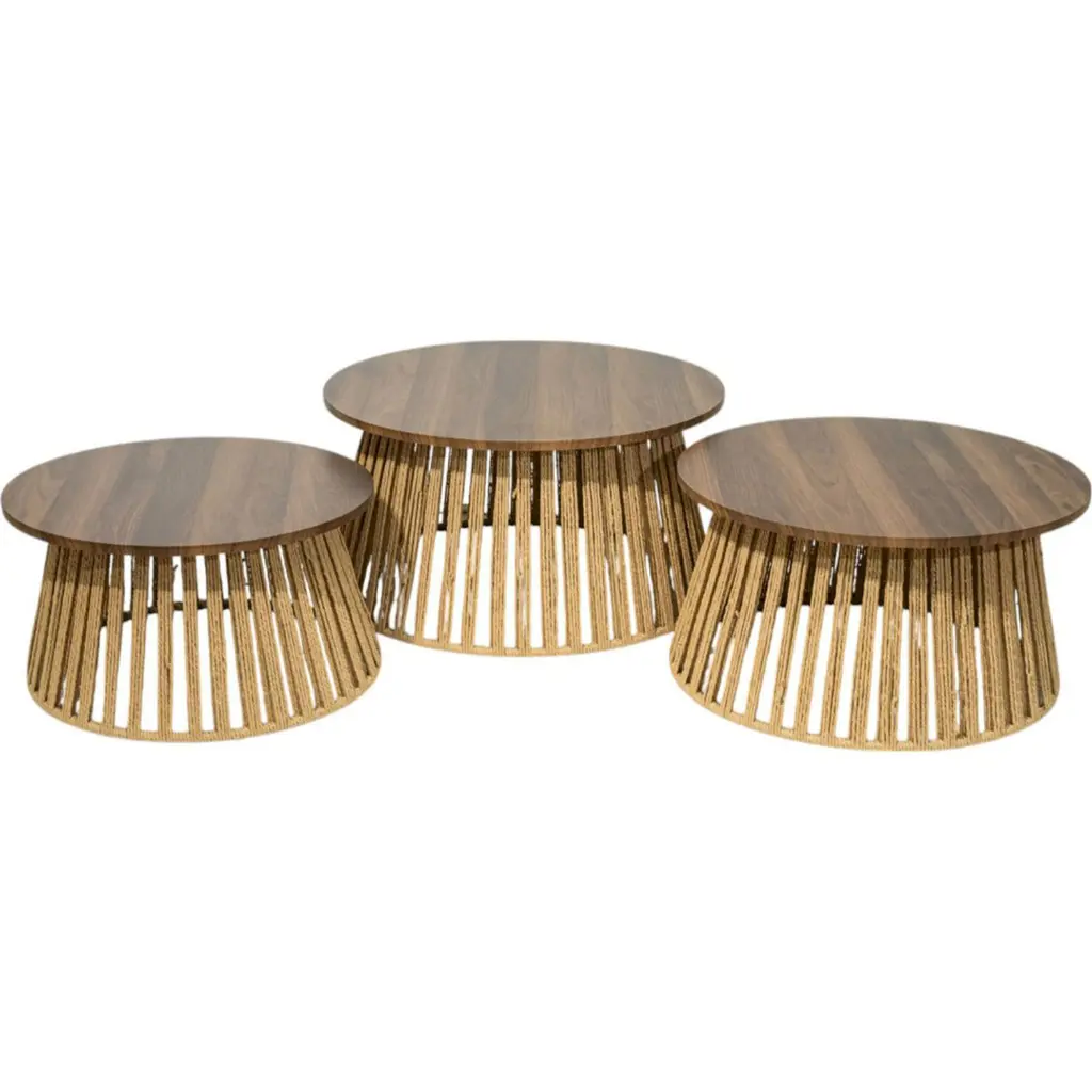 360 HOME TABLE 66*66*34 59*59*32 53*53*29 RATAN & WOOD SET OF 3PCS ROUND NATURAL
