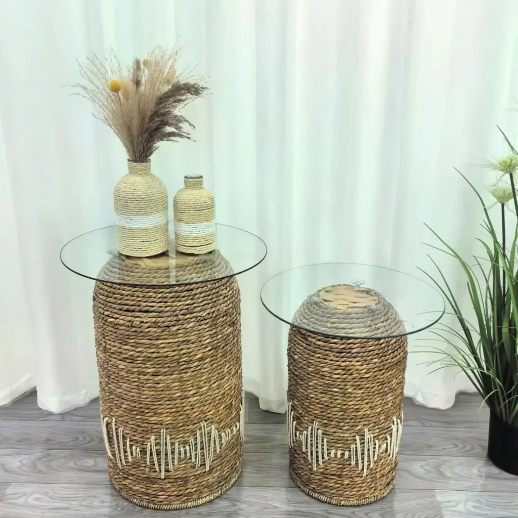 360 HOME TABLE INDOOR 45*56- 40*47 RATAN & GLASS ROUND SET OF 2 PCS WICKER BASE NATURAL