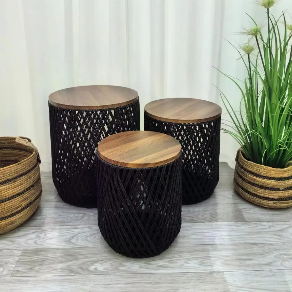 360 HOME TABLE40*40*45 35*35*39 30*30 RATAN & WOOD ROUND TOP NATURAL SET OF 3PCS  WICKER BASE BLACK