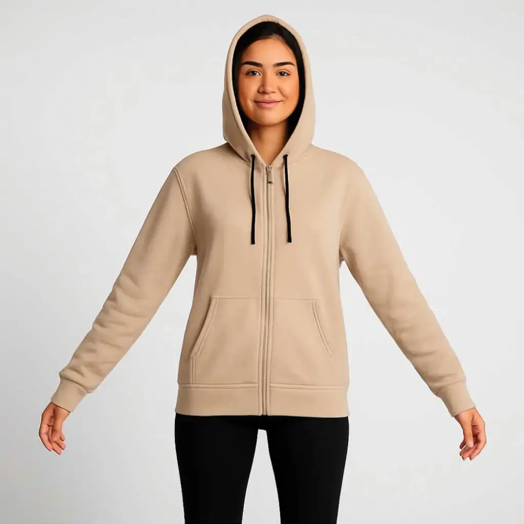 360 COTTON, LADIES HOODY, 100% EGYPTIAN COTTON BLOSH LADIES ZIPPER HOODIES BEIGE