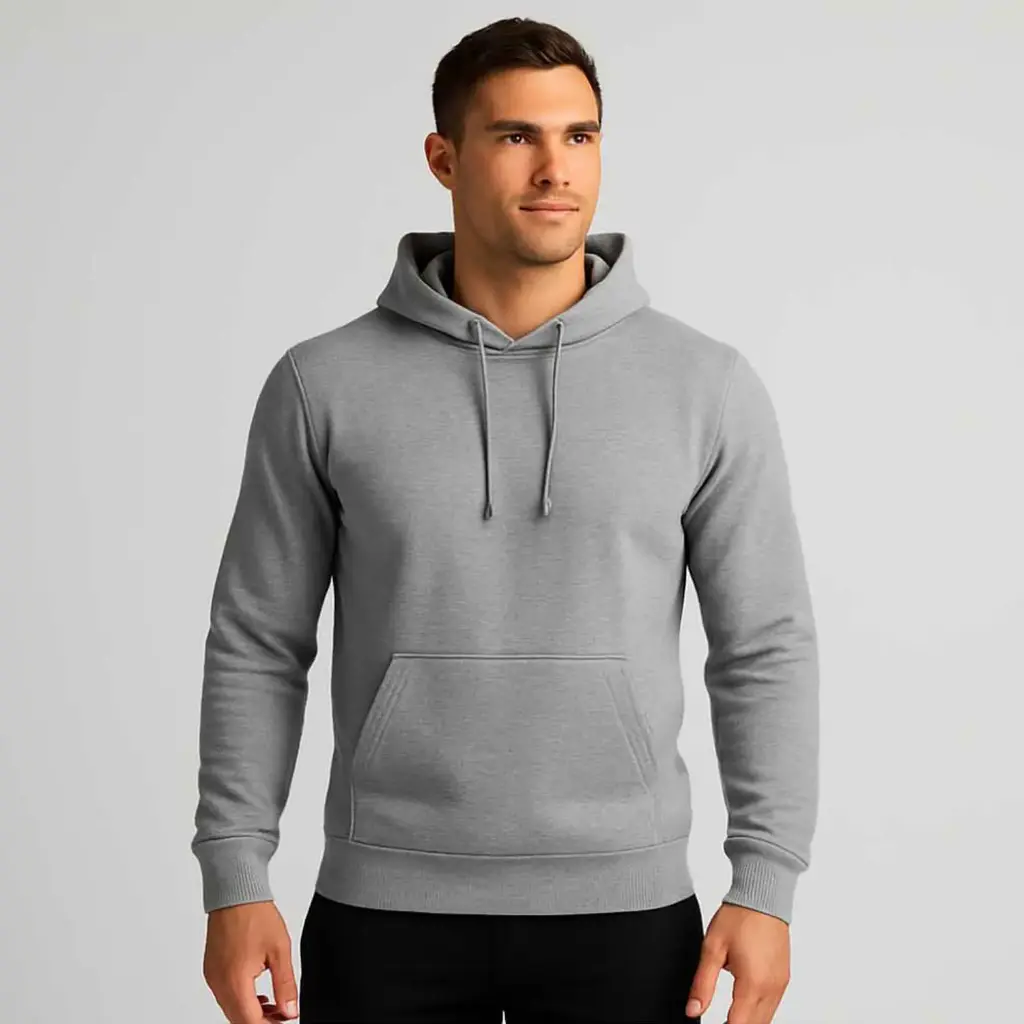 360 COTTON, MEN'S HOODY, 100% EGYPTIAN COTTON MELTON FLEECE MEN HOODIE SILVER