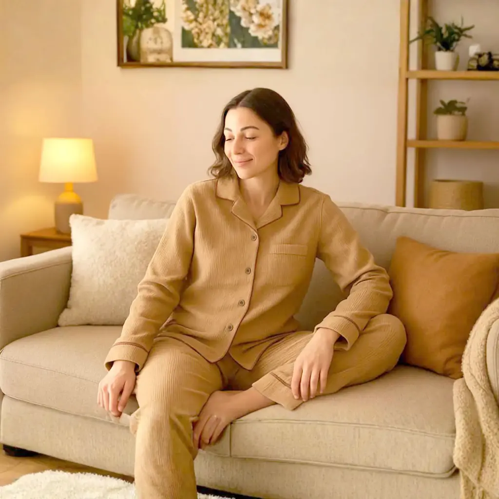 360 COTTON, LADIES PYJAMA, 100% EGYPTIAN COTTON WOMEN SET PANT+JACKET BEIGE