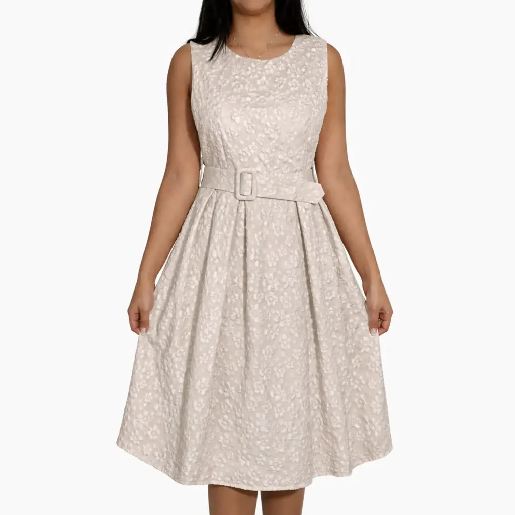 360 COTTON SLEEVELESS DRESS WITH FLOWER 3D JAQUARD FABRIC BEIGE 