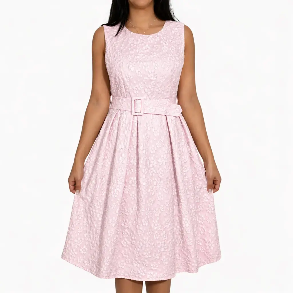 360 COTTON SLEEVELESS DRESS WITH FLOWER 3D JAQUARD FABRIC BABY PINK 