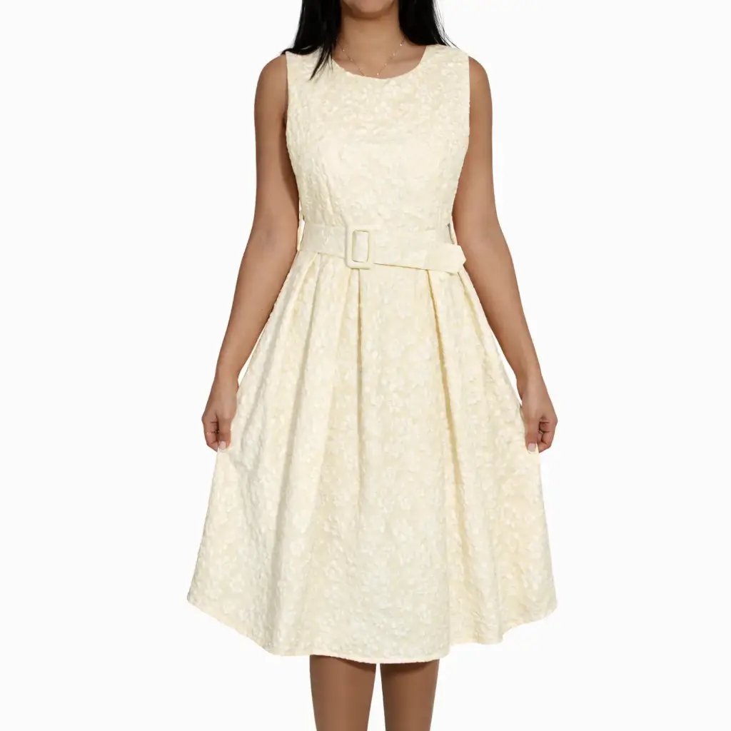 360 COTTON SLEEVELESS DRESS WITH FLOWER 3D JAQUARD FABRIC YELLOW 