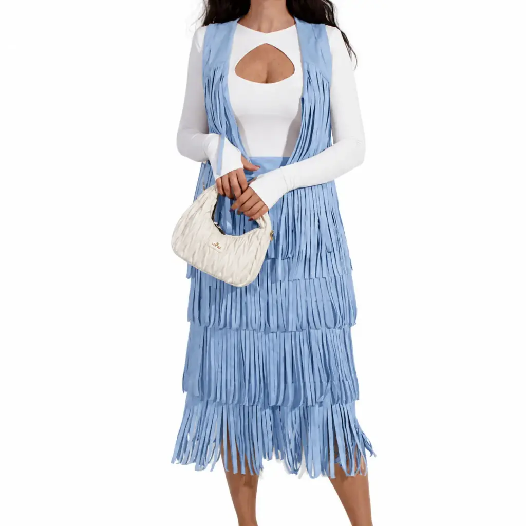 360 COTTON MIDI SKIRT, DAIM FRINGES,SKY BLU 