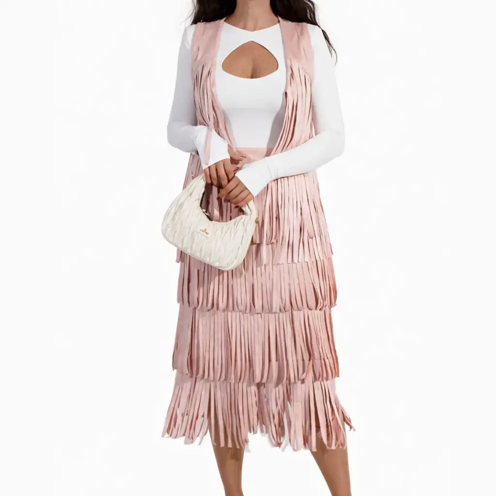 360 COTTON MIDI SKIRT, DAIM FRINGES, BABY PINK 
