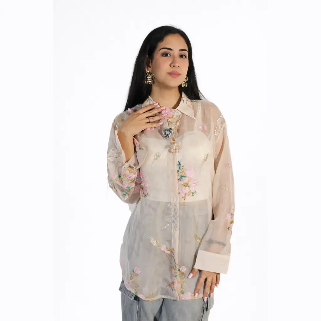 360 COTTON SHIRT LONG SLEEVE FLORAL, SHEER,BEIGE 