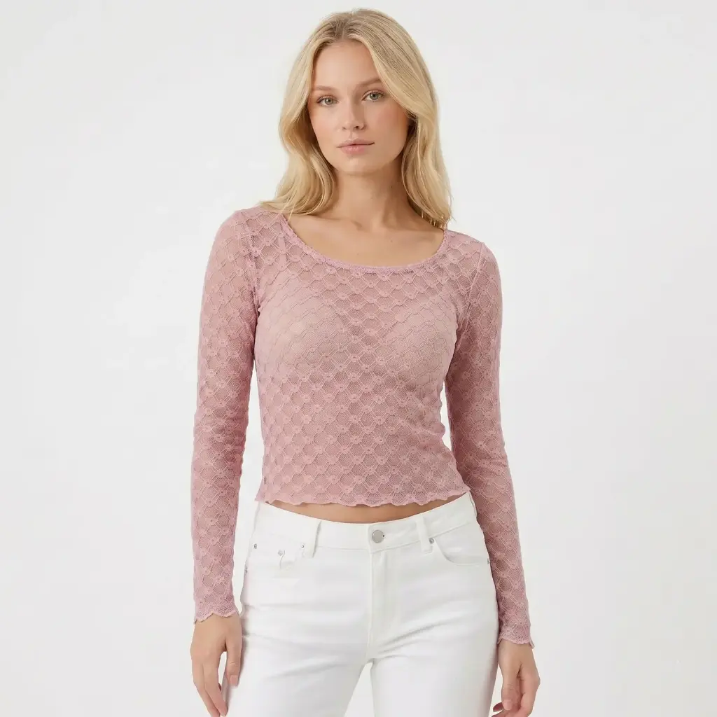 360 COTTON TOP LONG BELL SLEEVE LACE BABY PINK 