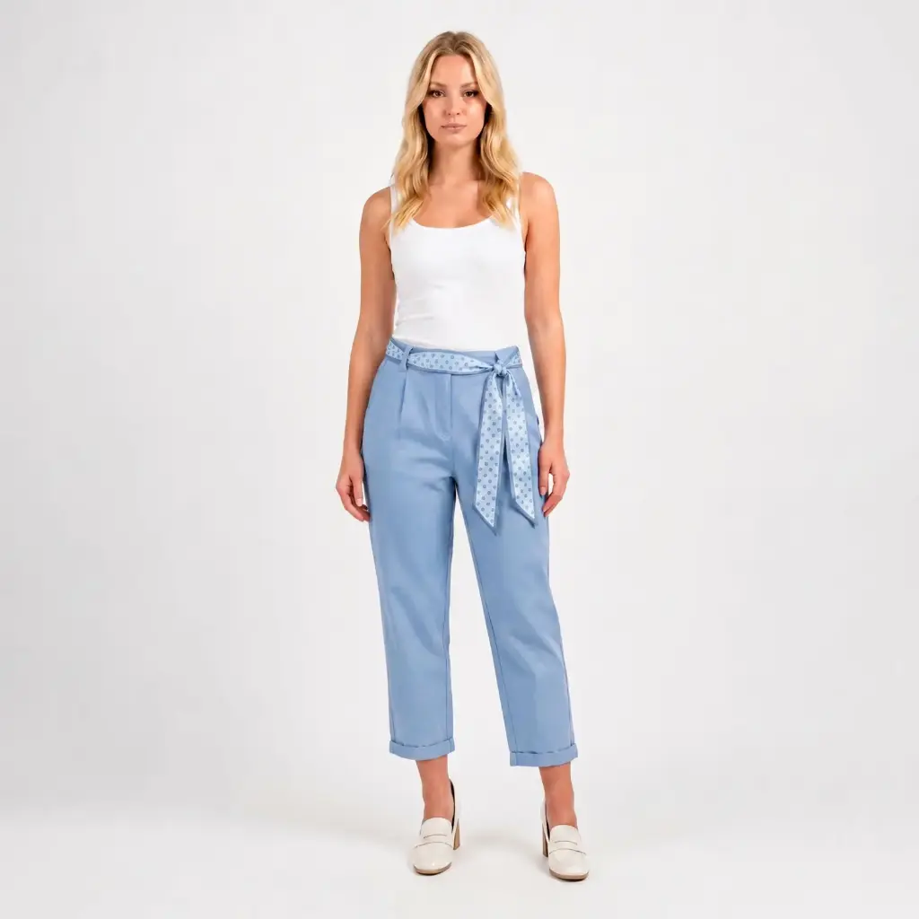 360 COTTON PANT WITH DOTTED SKARF BELT SKY BLU 