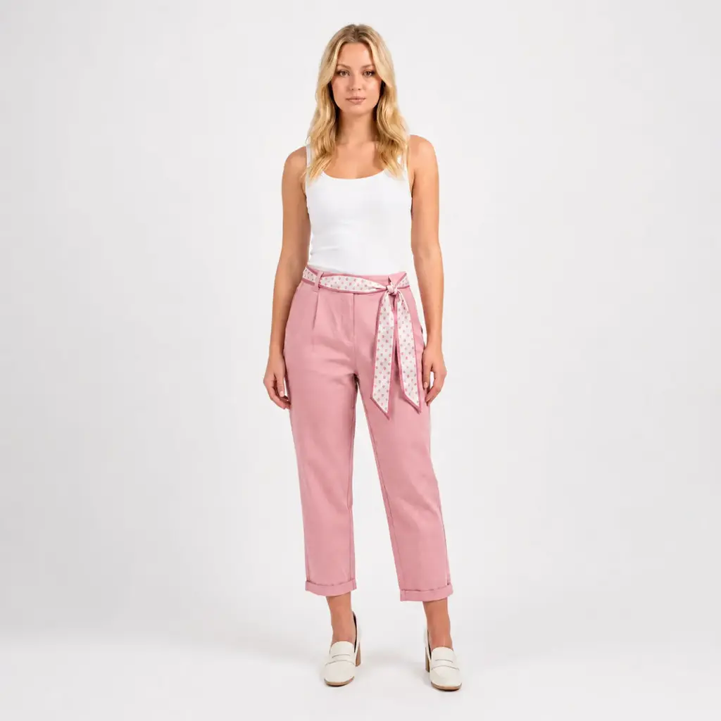 360 COTTON PANT WITH DOTTED SKARF BELT PINK