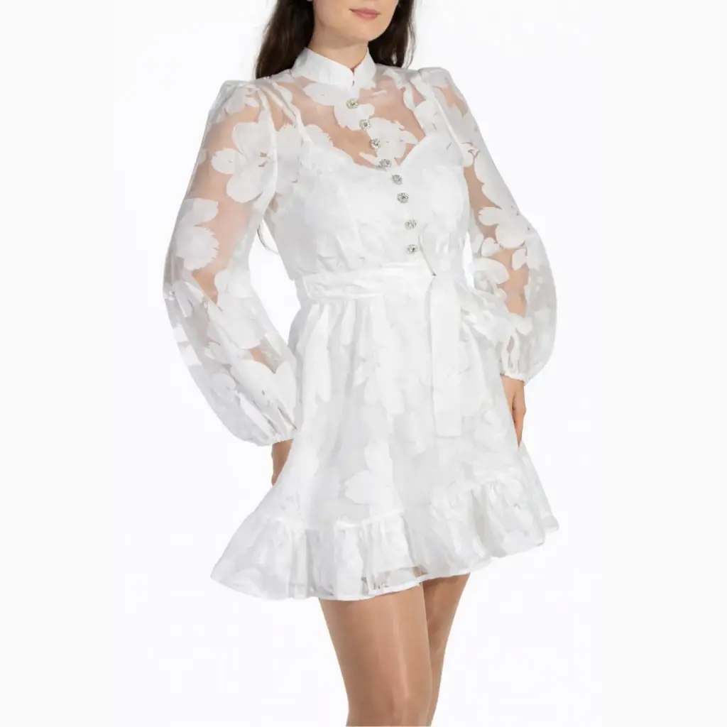 360 COTTON SHORT DRESS LONG SLEEVE SHEER WITH FLOWER WHITE M/L