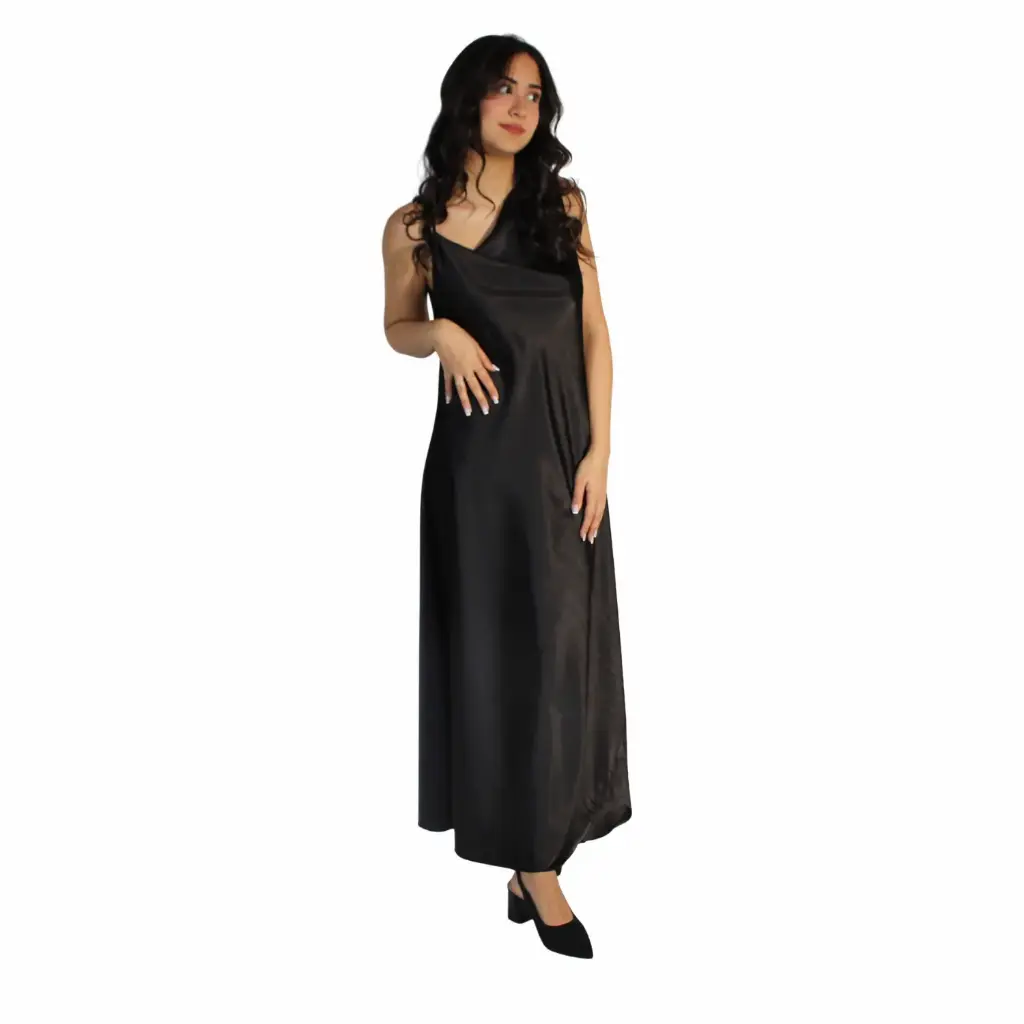 360 COTTON LOND DRESS SATIN SLEEVELESS WITH ONE BUCLE BLACK 