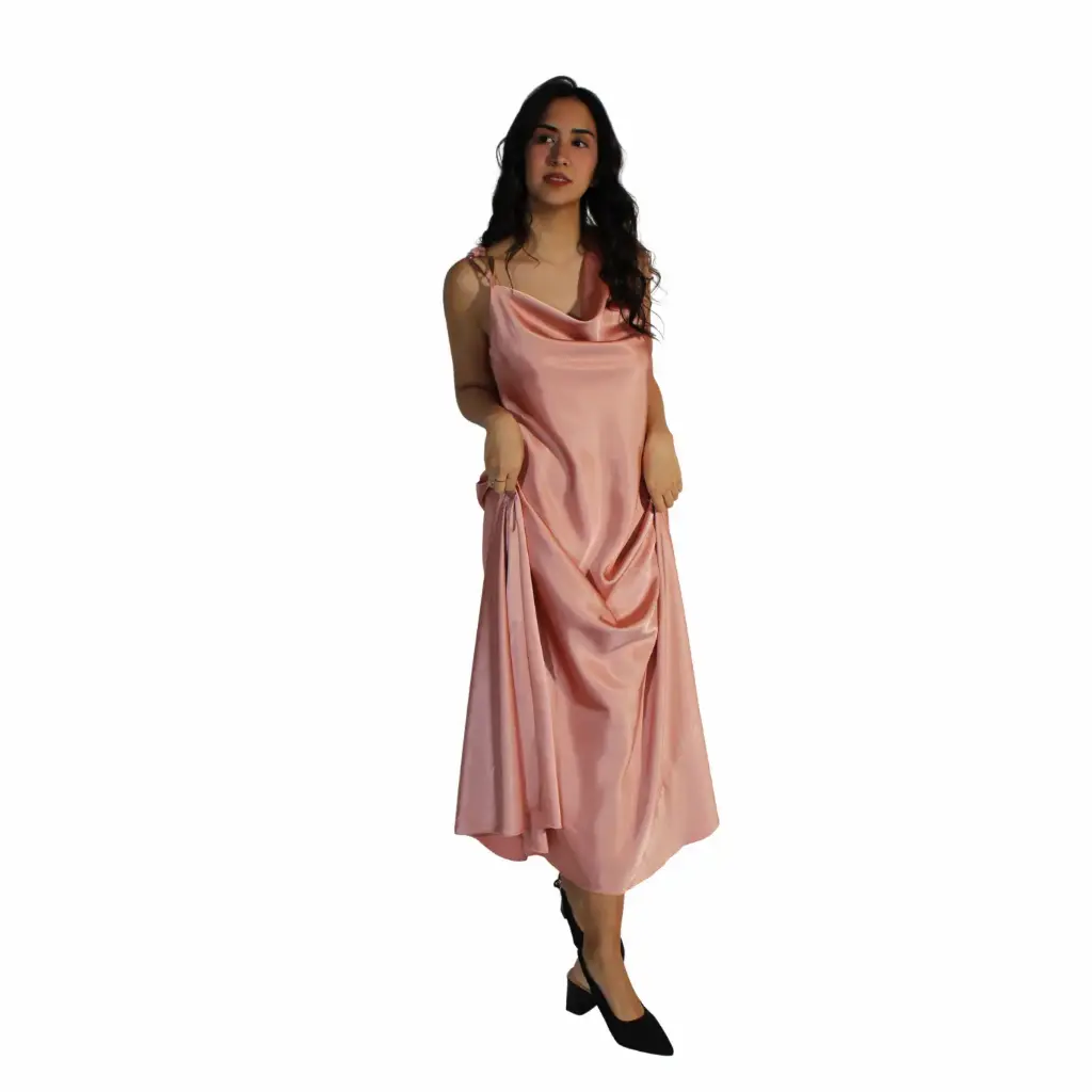360 COTTON LOND DRESS SATIN SLEEVELESS WITH ONE BUCLE PINK 