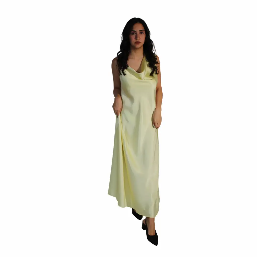 360 COTTON LOND DRESS SATIN SLEEVELESS WITH ONE BUCLE YELLOW 