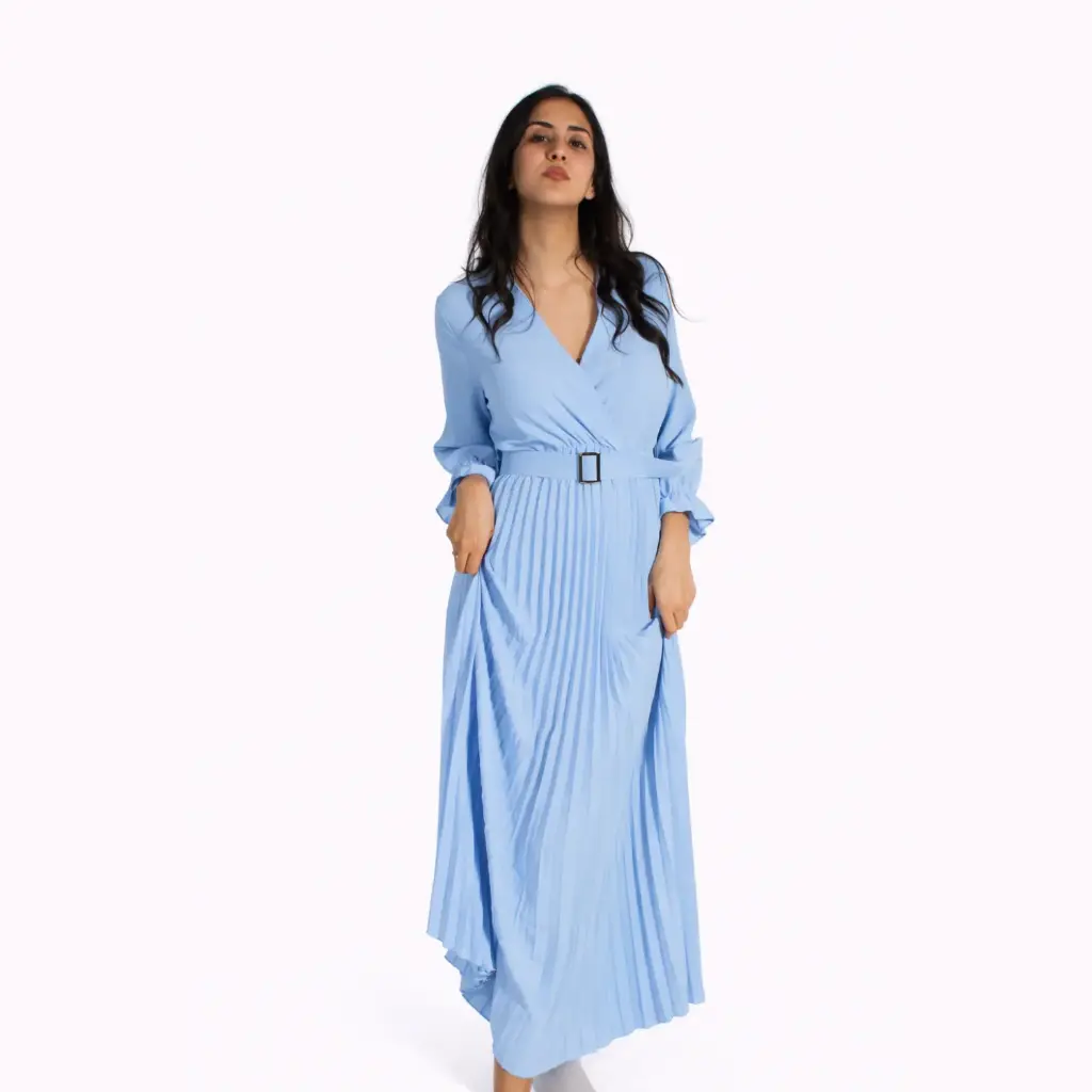 Long Dress,long sleeve Vneck with belt Light blue 