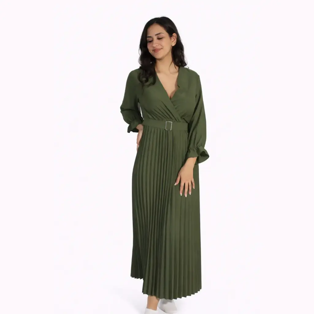 Long Dress,long sleeve Vneck with belt Kaki 