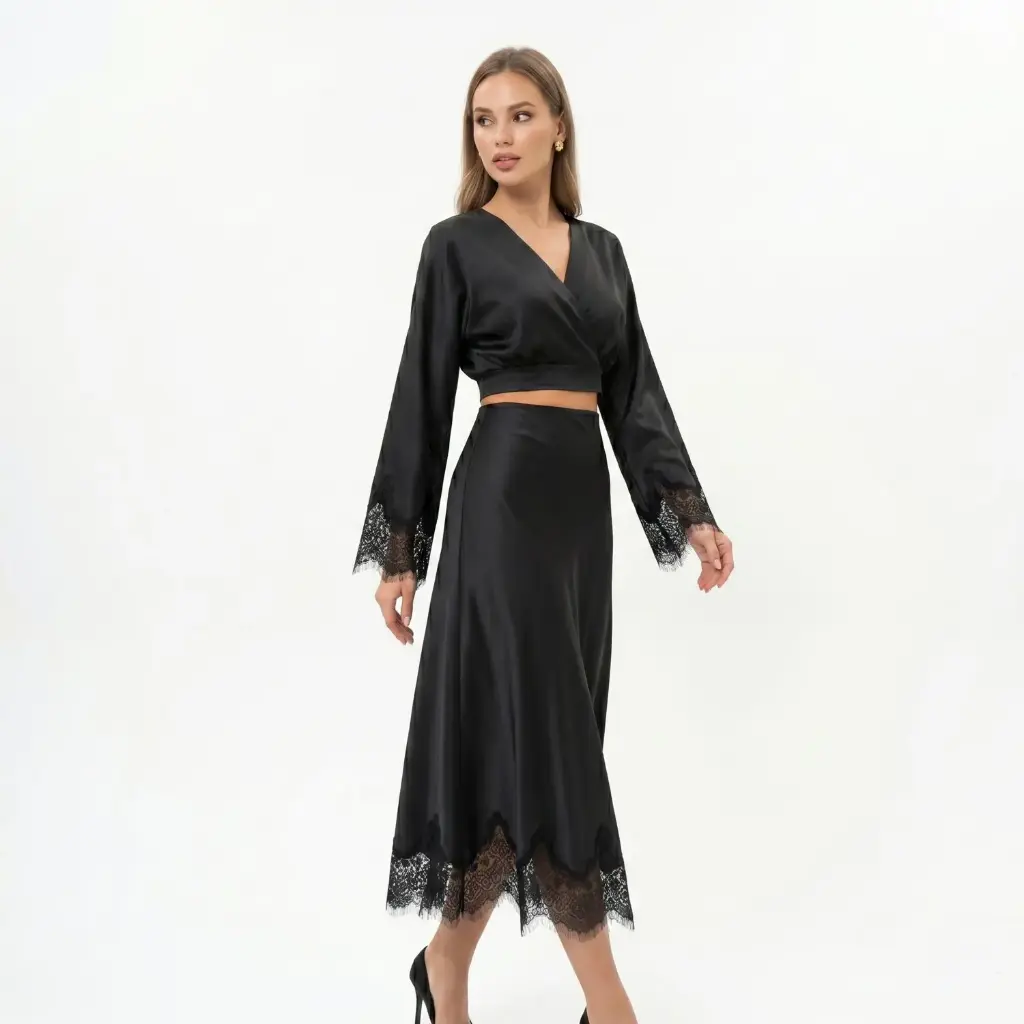 Set skirt&Top Satin with lace Black 