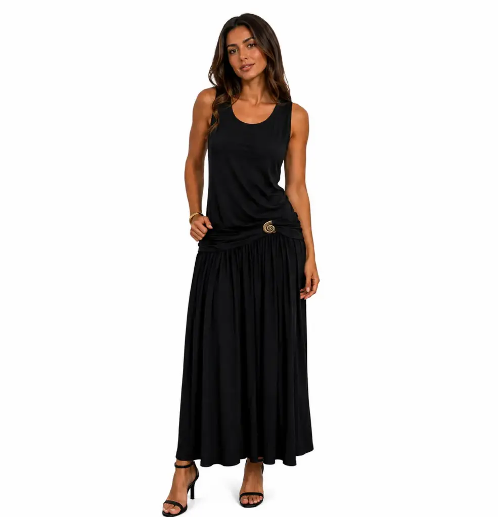 360 COTTON LONG DRESS WITH BROCH BELT BLACK 