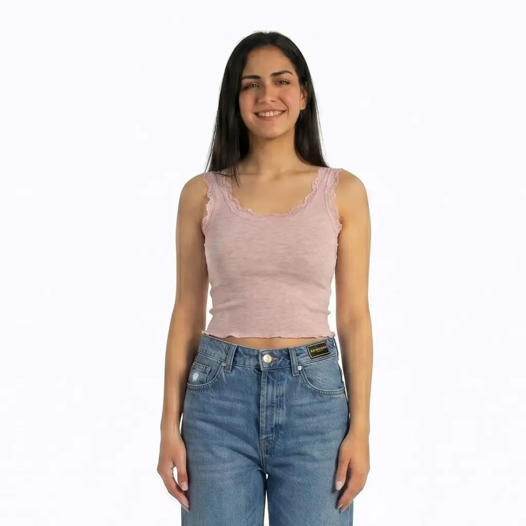 360 COTTON SLEEVELESS TOP COTTON WITH LACE BABY PINK 