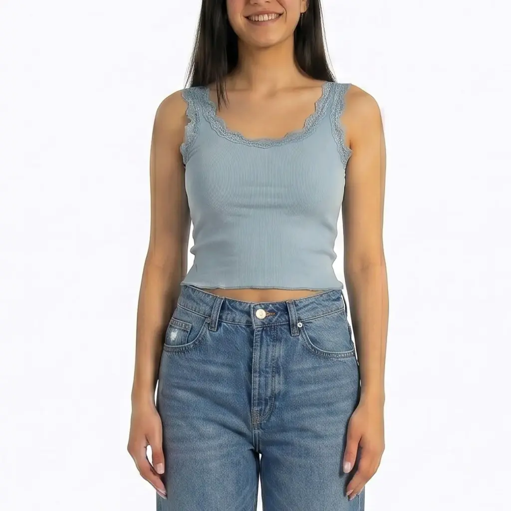 360 COTTON SLEEVELESS TOP COTTON WITH LACE BLUE SKY