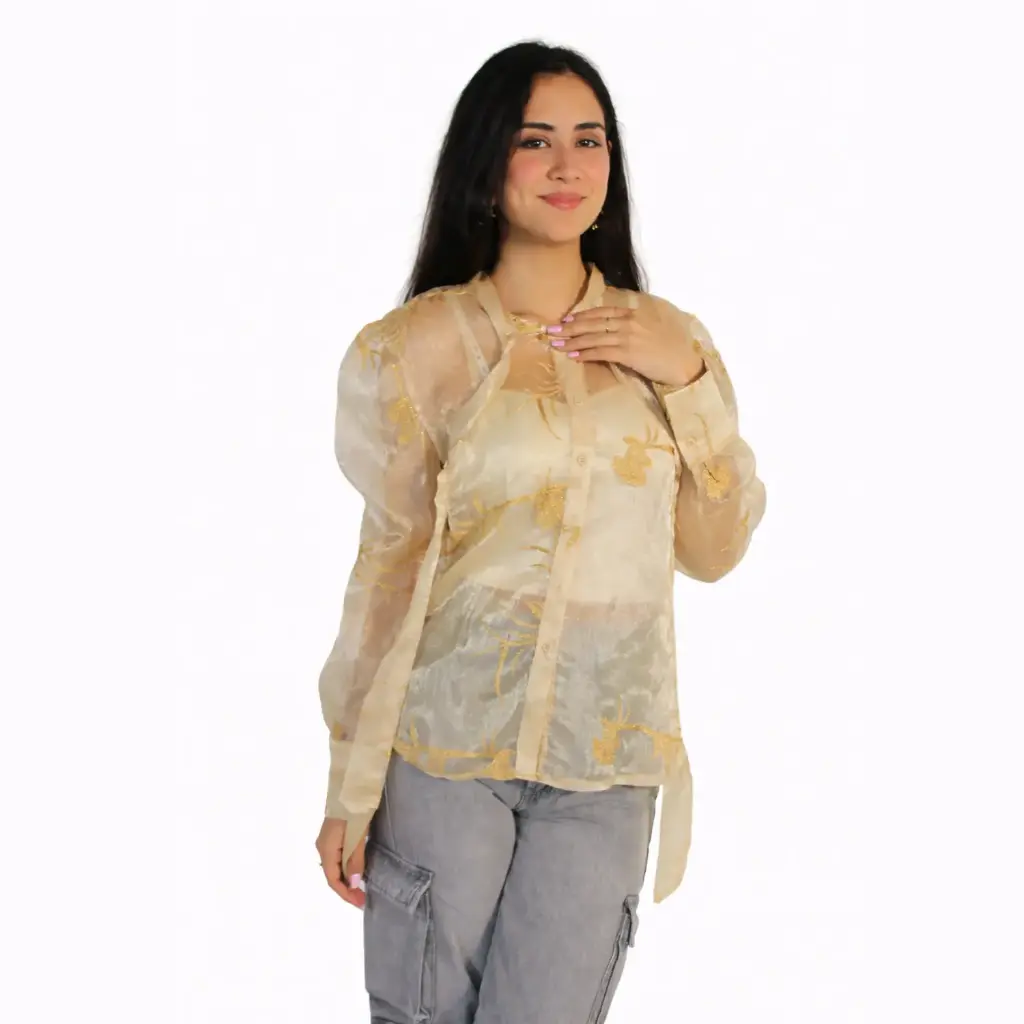 360 COTTON PRINTED LONG SLEEVE SHIRT SHEER GOLD   