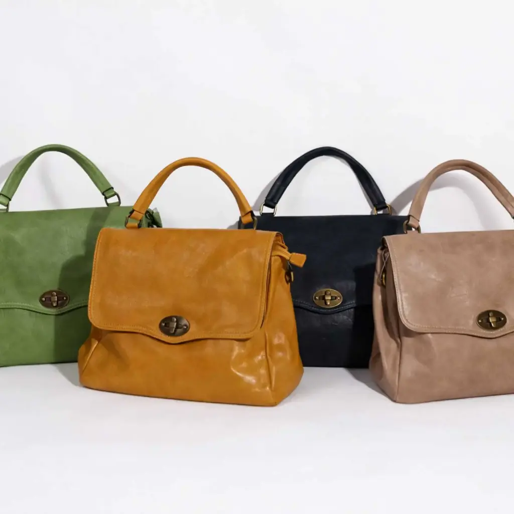 360 COTTON BAG RECTANGULAR SILHOUETTE TOP HANDLE GREEN LEATHER FRONT FLAP CLOSURE