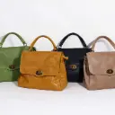360 COTTON BAG RECTANGULAR SILHOUETTE TOP HANDLE GREEN LEATHER FRONT FLAP CLOSURE