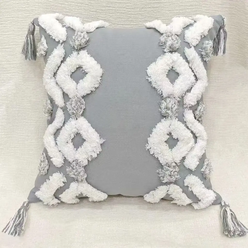360 HOME TUFTED CUSHION COVER 45*45CM BOHO STYLE MOROCCAN DESIGN GREY & WHITE