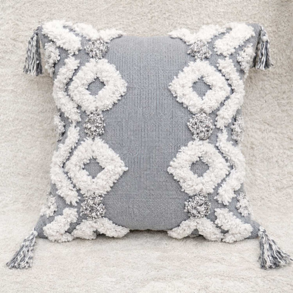 360 HOME TUFTED CUSHION COVER 45*45CM BOHO STYLE MOROCCAN DESIGN GREY & WHITE