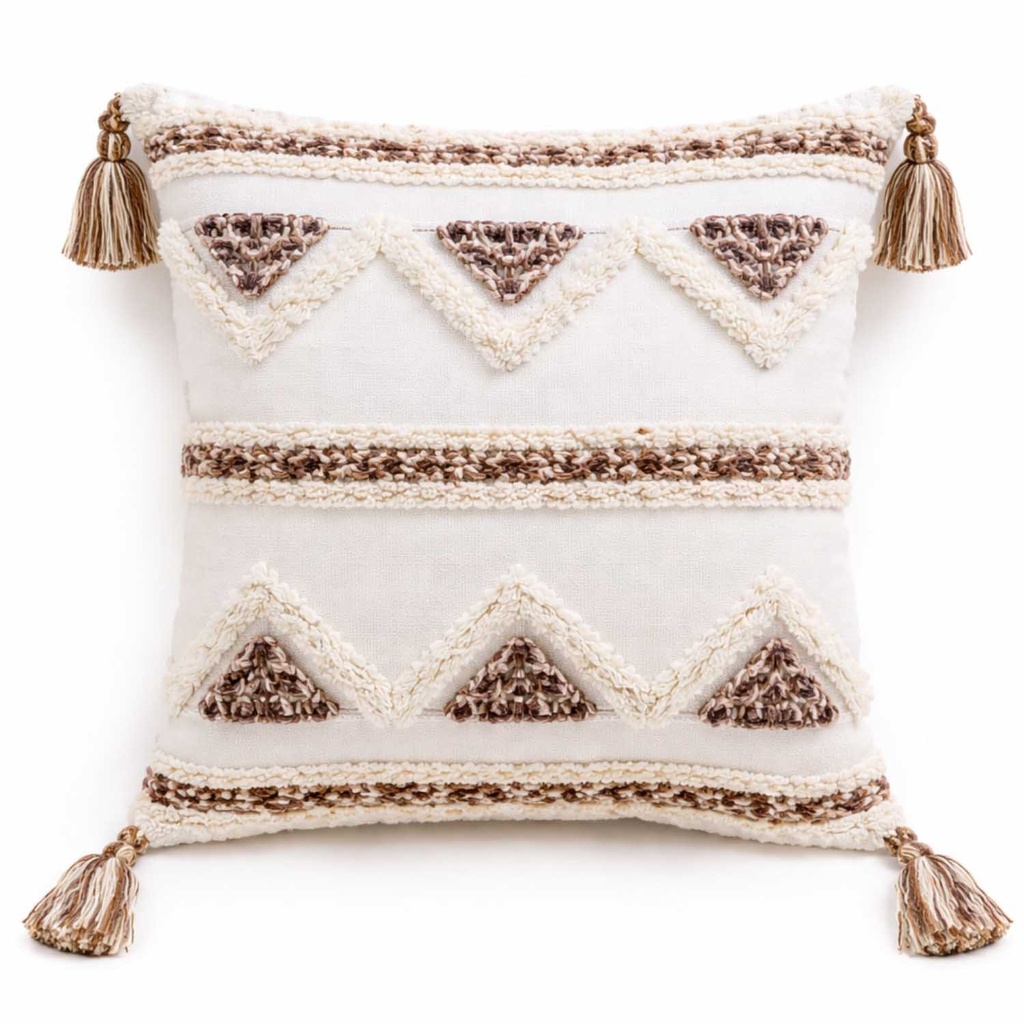360 HOME TUFTED CUSHION COVER 45*45CM BOHO STYLE TRIANGULAR TRIBAL MOTIFS WHITE & BROWN