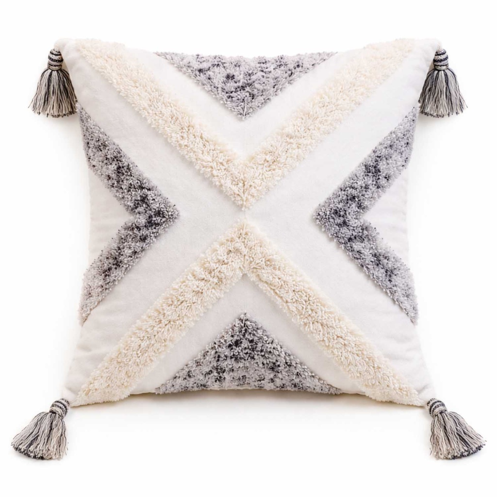 360 HOME TUFTED CUSHION COVER 45*45CM BOHO STYLE X-DESIGN WHITE & GREY