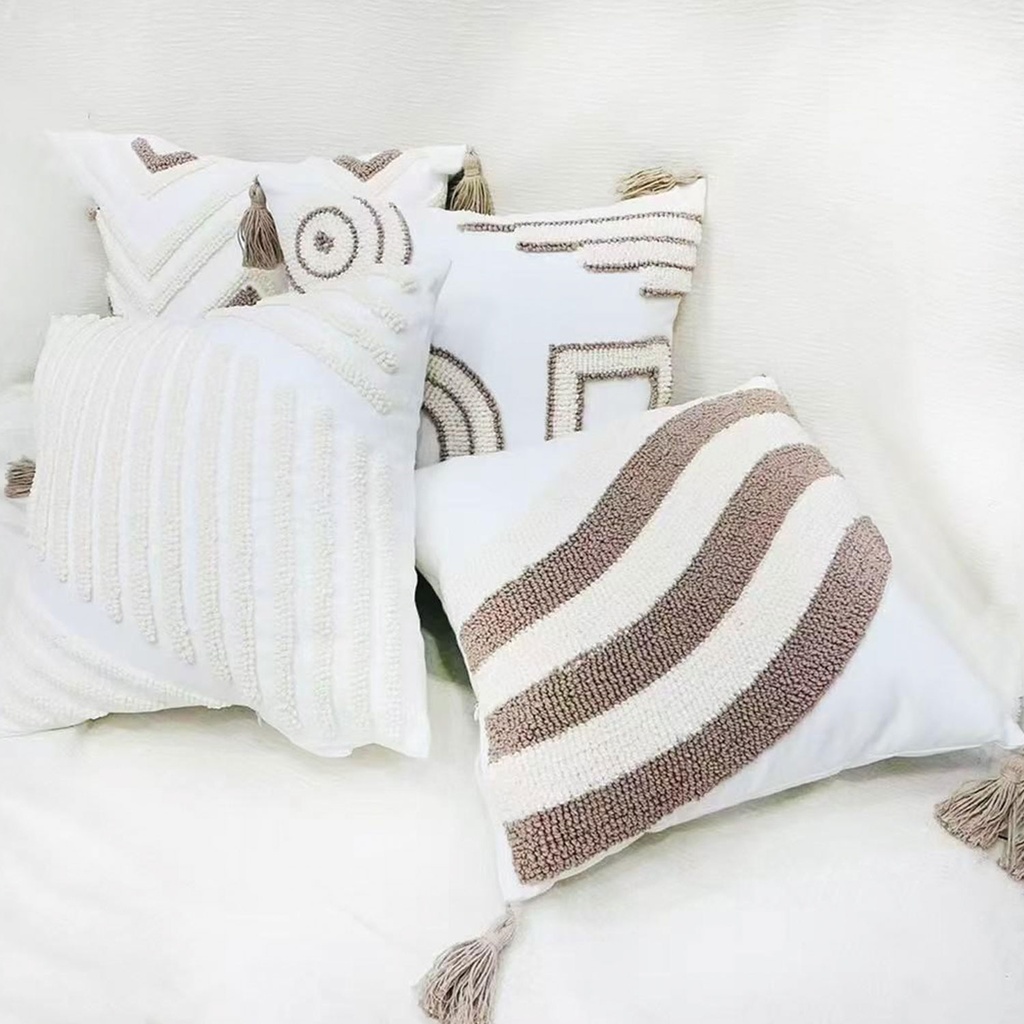 360 HOME TUFTED CUSHION COVER 45*45CM BOHO STYLE  TAUPE CREAM& EARTHY BROWN  GEOMETRIC DESIGN SMALL TASSELS IN THE CORNERS