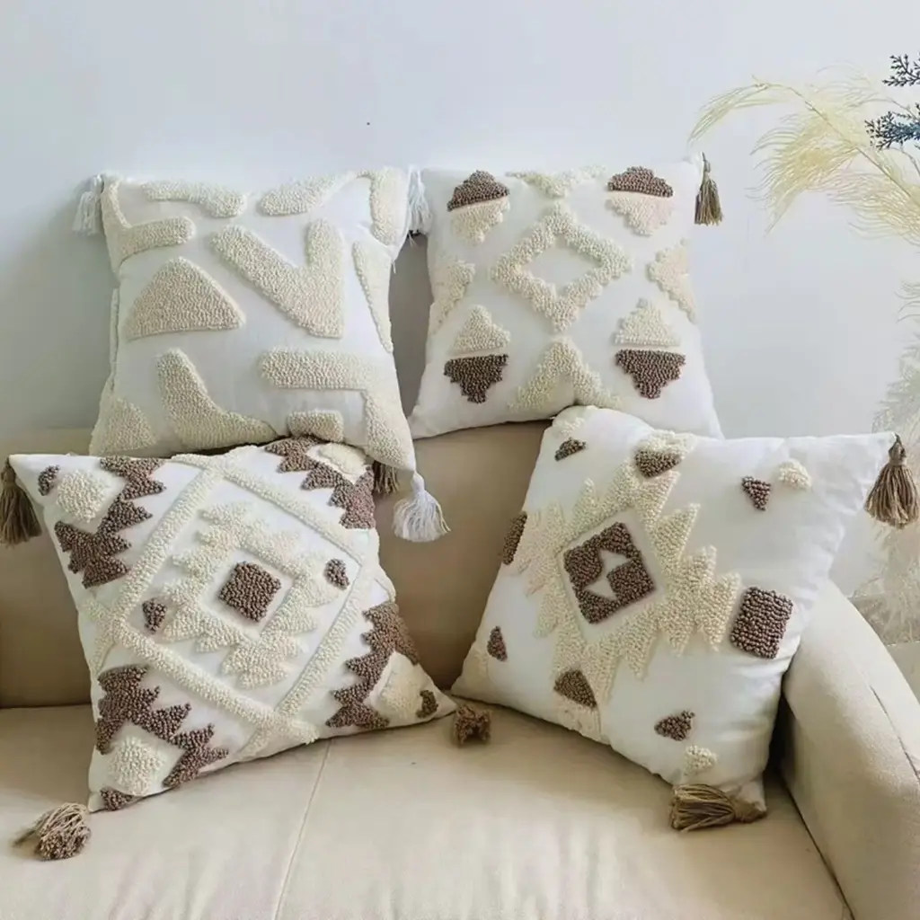 360 HOME TUFTED CUSHION COVER 45*45CM BOHO STYLE RAISED DIAMOND PATTERN OFF-WHITE & BROWN