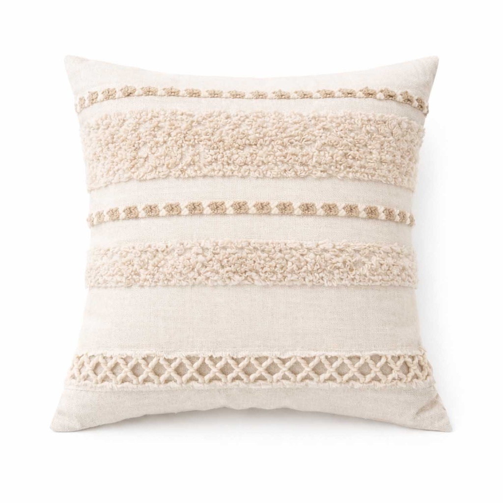 360 HOME TUFTED CUSHION COVER 45*45CM BOHO STYLE VERTICAL STRIPES WITH RAISED RIBBING &INTRICATE PATTERN CREAM BEIGE & LIGHT BROWN