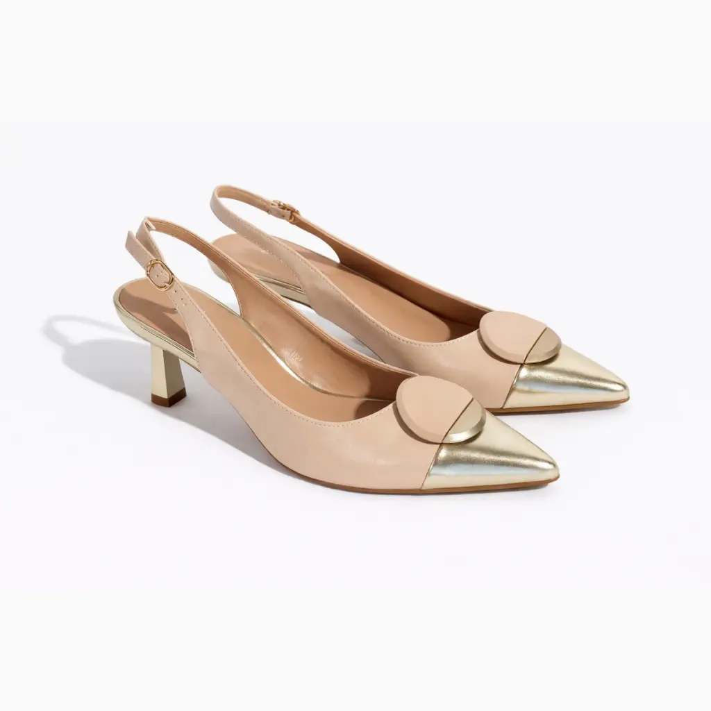 360 COTTON HEELS, 5CM,LEATHER, GOLD&BEIGE WITH ROUND BUCLE GOLD&BEIGE 37