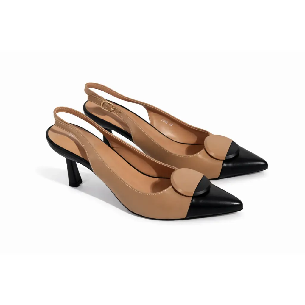 360 COTTON HEELS, 5CM,LEATHER, BEIGE&BLACK WITH ROUND BUCLE BLACK&BEIGE 38