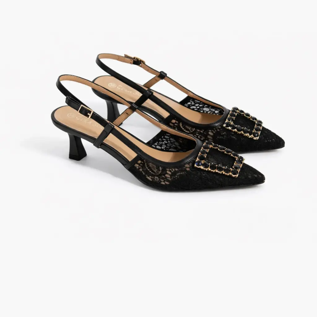 360 COTTON HEELS, 5CM,LACE, BLACK WITH LOASANGE BUCLE BLACK 38