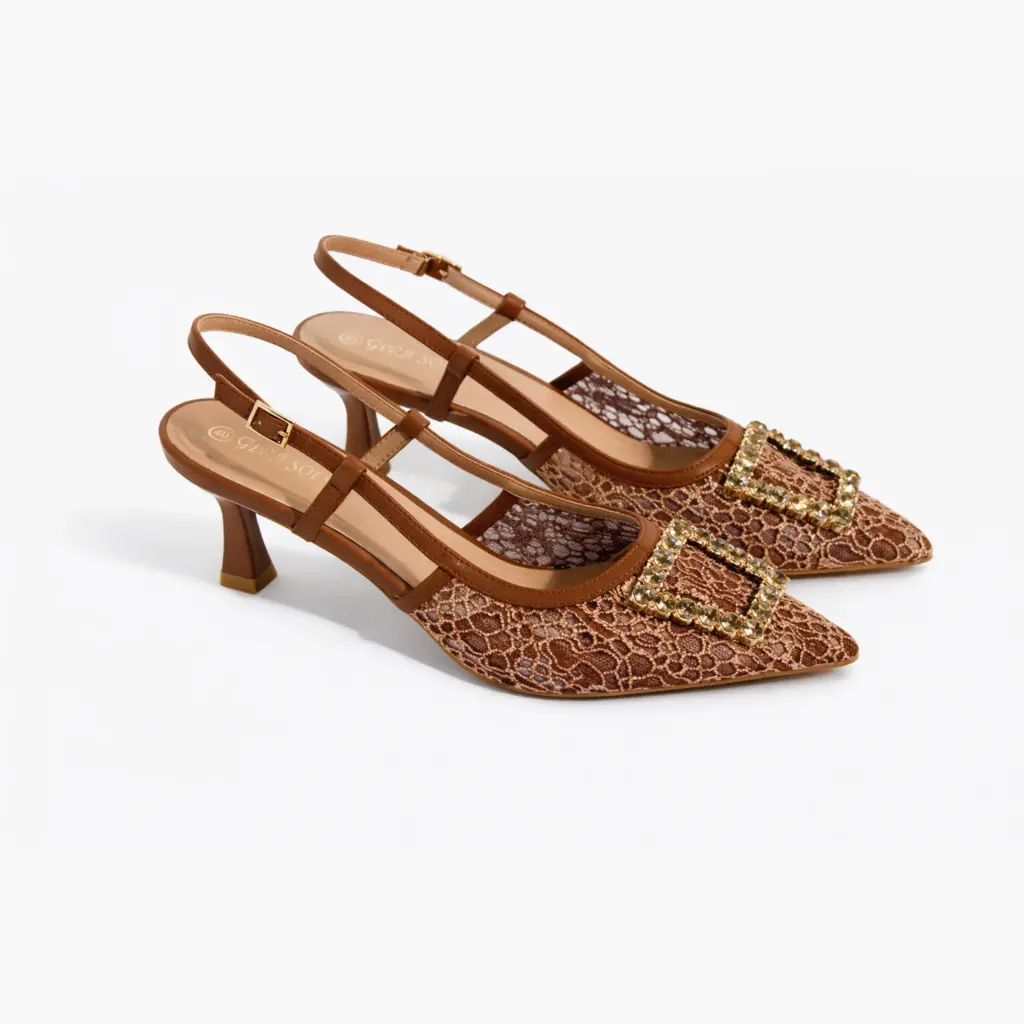 360 COTTON HEELS, 5CM,LACE, CAMEL WITH LOASANGE BUCLE CAMEL 38