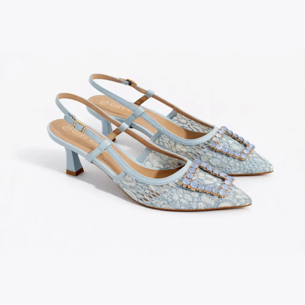 360 COTTON HEELS, 5CM,LACE, SKY BLUE WITH LOASANGE BUCLE SLY BLUE 39
