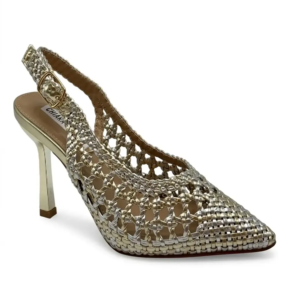 360 COTTON POINTED-TOE LEATHER STRIPS HEELS GOLDISH 38