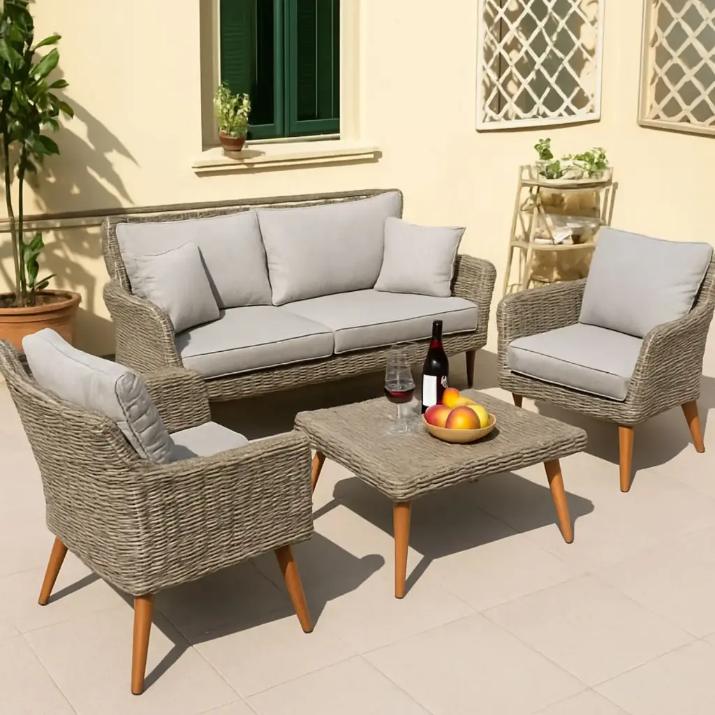 360 HOME OUTDOOR 4 PCS PATIO RATTAN WICKER SET WITH 2-SEATS SOFA, 2 SINGLE CHAIRS AND A RECTANGULAR COFFEE TABLE GREY