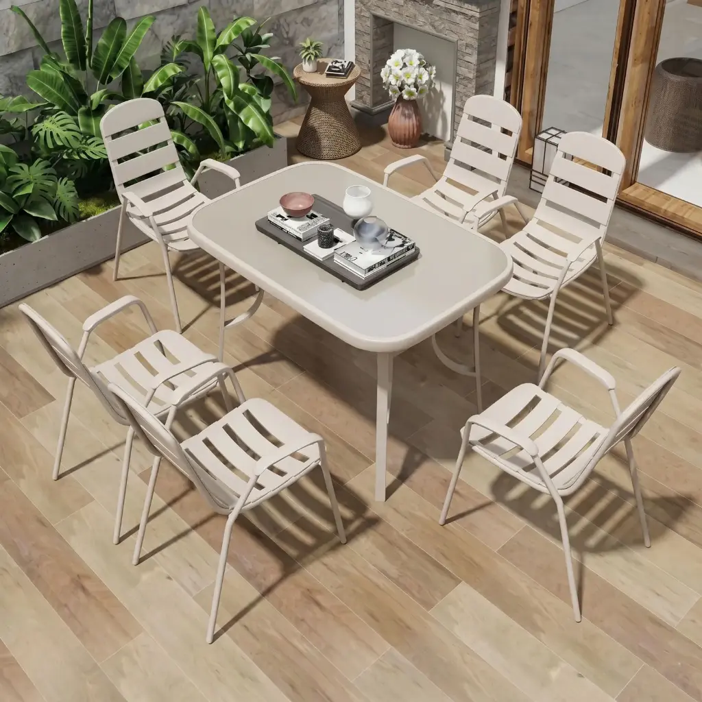 360 HOME OUTDOOR 7 PCS PATIO SET WITH 6 CHAIRS  AND A RECTANGULAR TABLE BEIGE